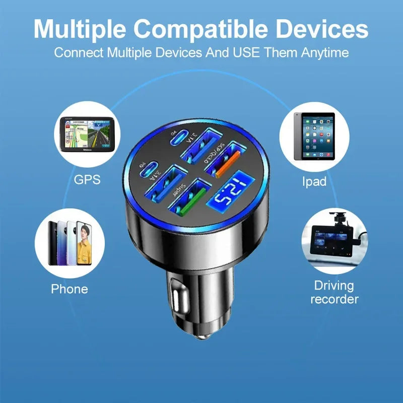 Multi-port car charger with USB ports for phone, GPS, iPad, and driving recorder