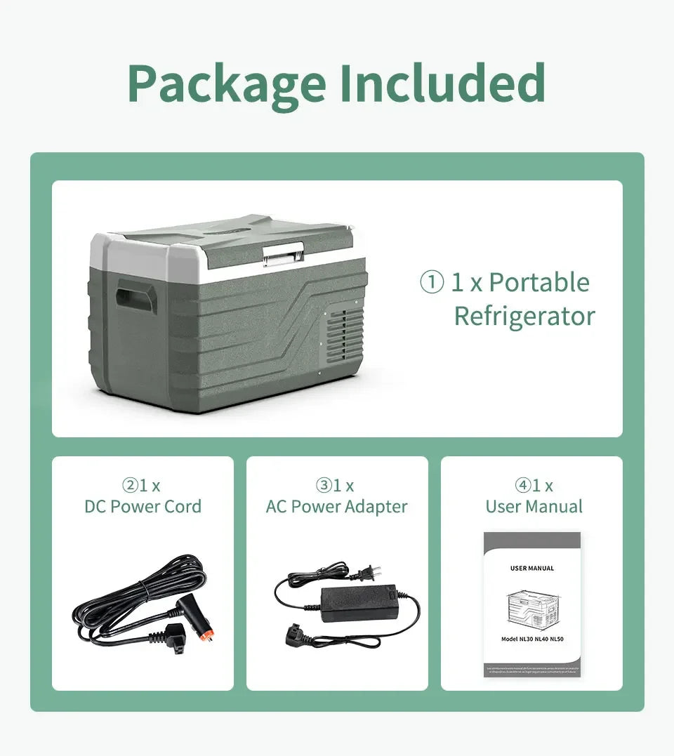 Portable refrigerator with DC power cord, AC adapter, and user manual included for road use