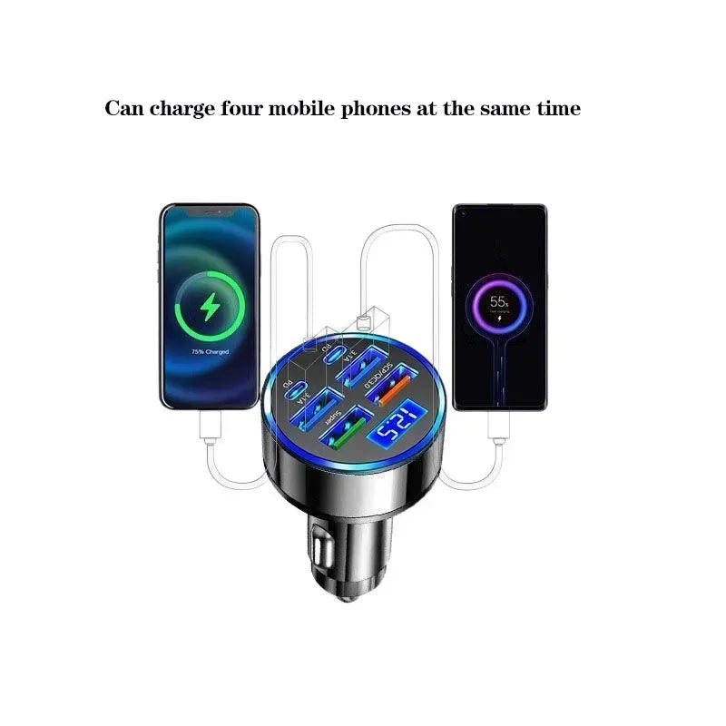 4-port car charger with USB-C & QC3.0, fast charging for multiple phones on road trips