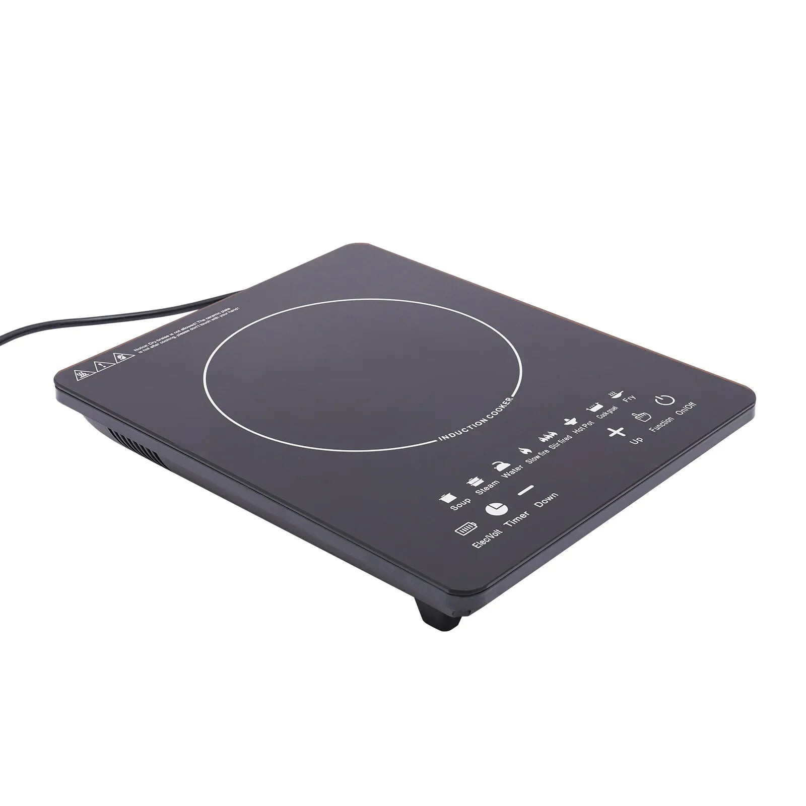 Portable induction cooktop with touch controls for soup, steam, fry, and hot pot cooking
