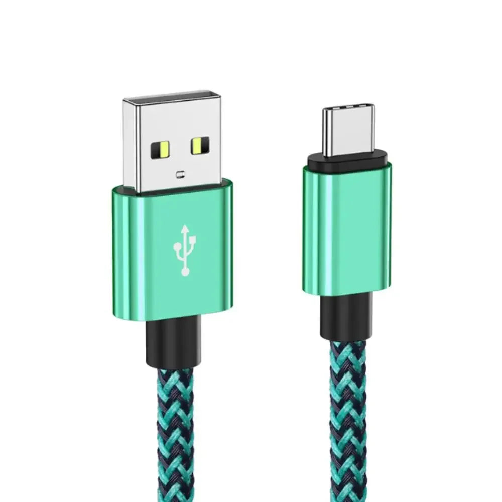 Teal braided USB to USB-C charging cable with metal connectors for devices on the road