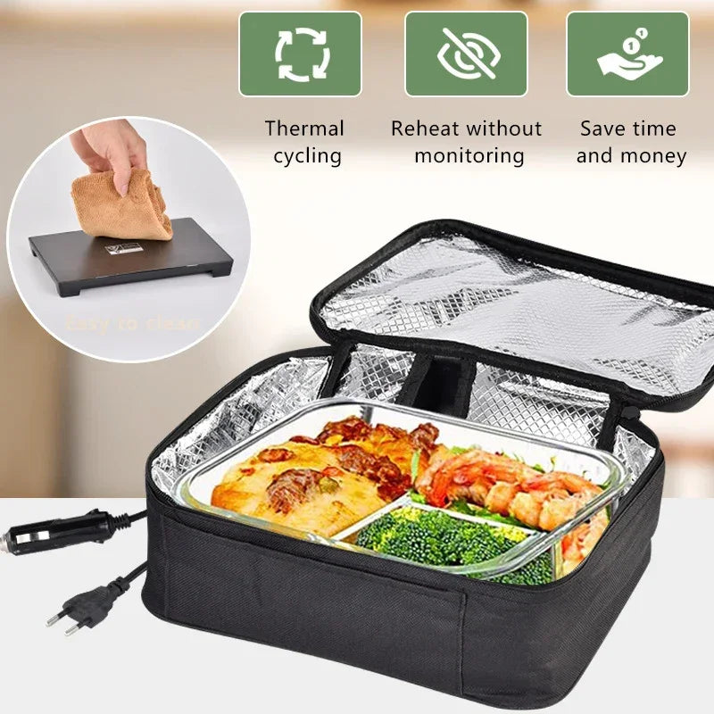 Heated lunch bag with thermal cycling, reheats food safely, saves time and money, easy to clean