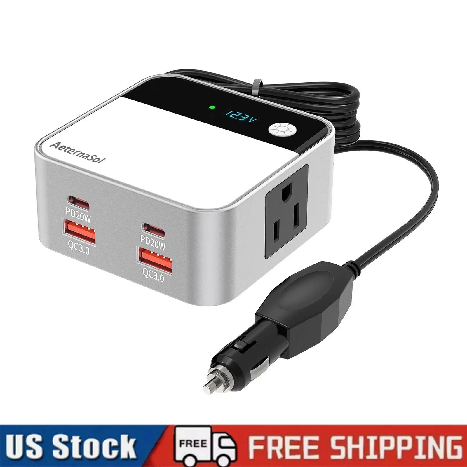AeternaSol car power inverter with USB-C PD20W, QC3.0 ports, AC outlet, and voltage display for on-the-road charging