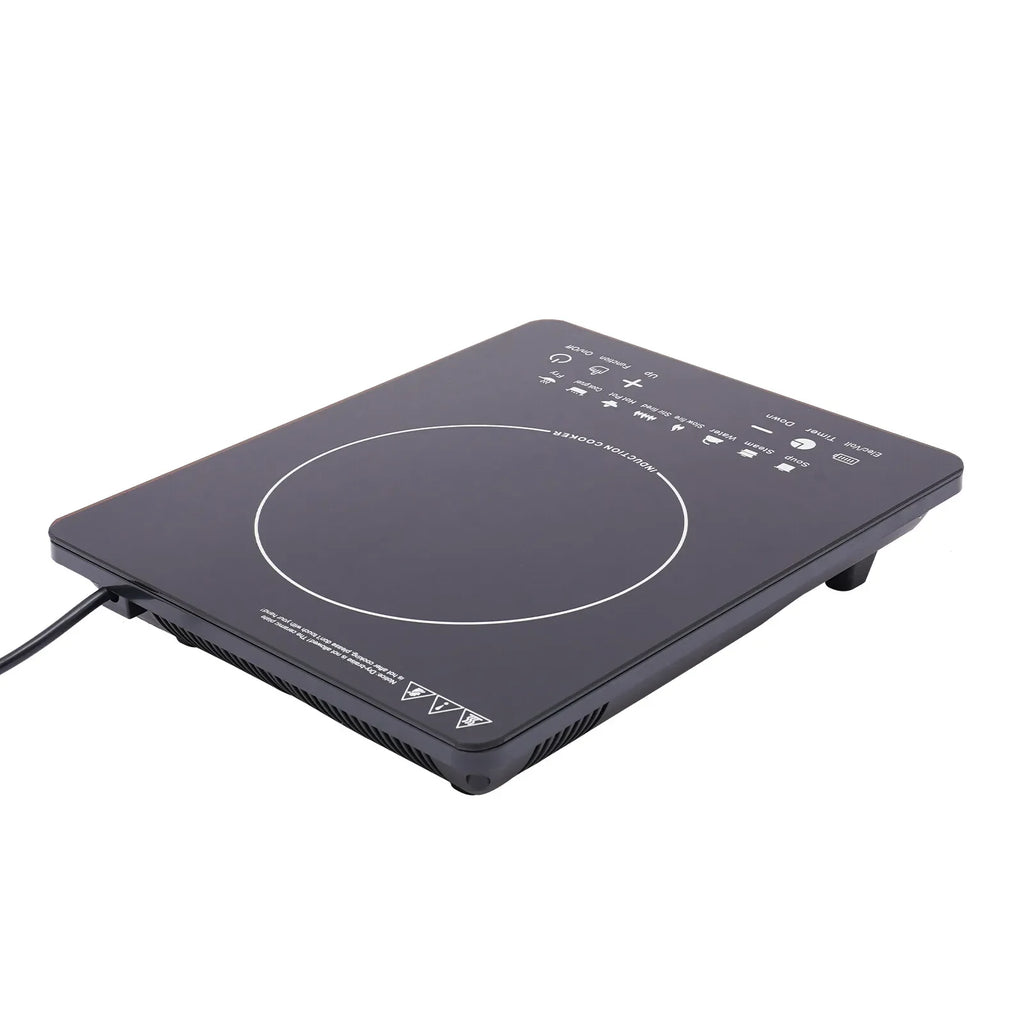 Black portable induction cooktop with touch controls for camping or truck life cooking