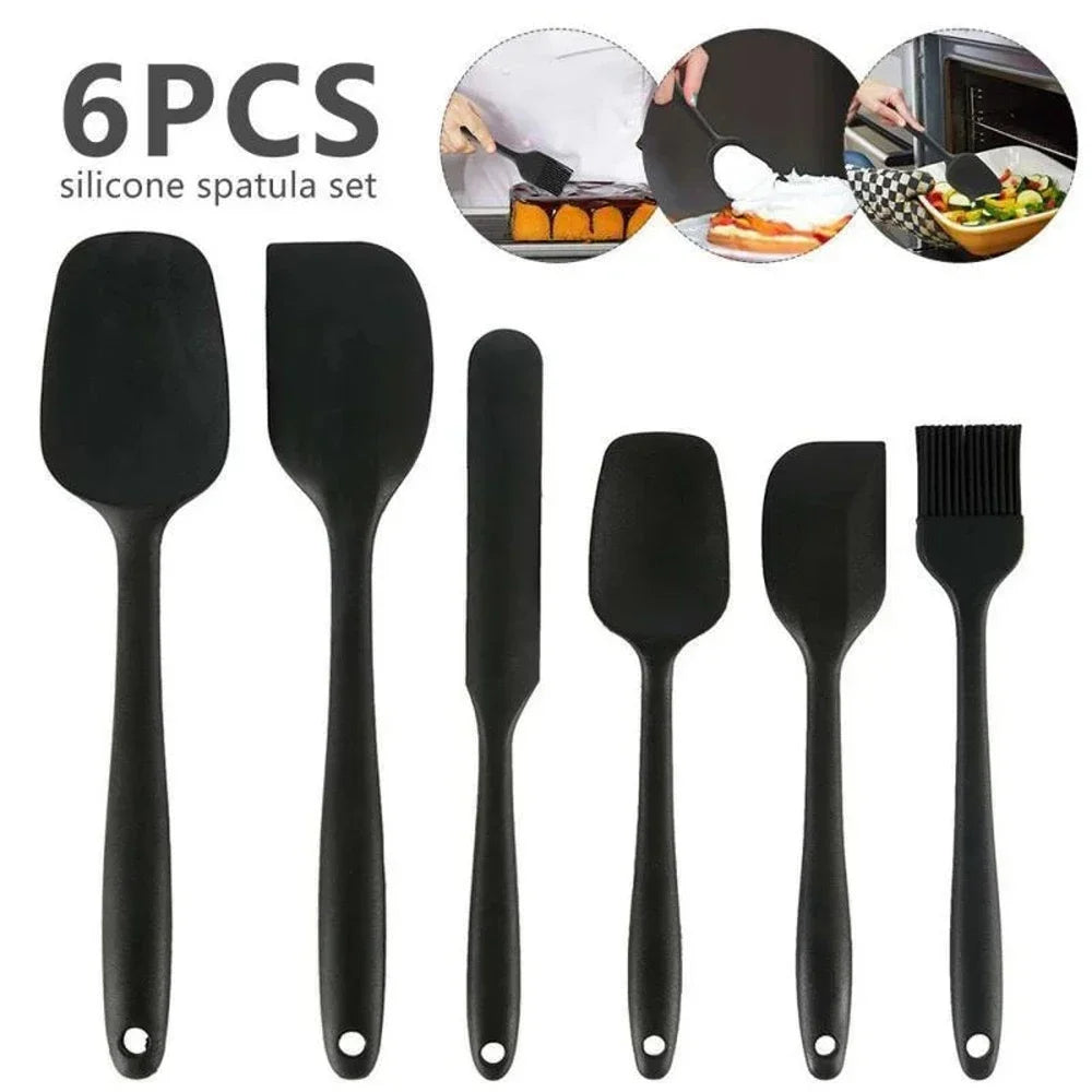 6-piece black silicone spatula set for baking, cooking, and grilling with heat-resistant tools