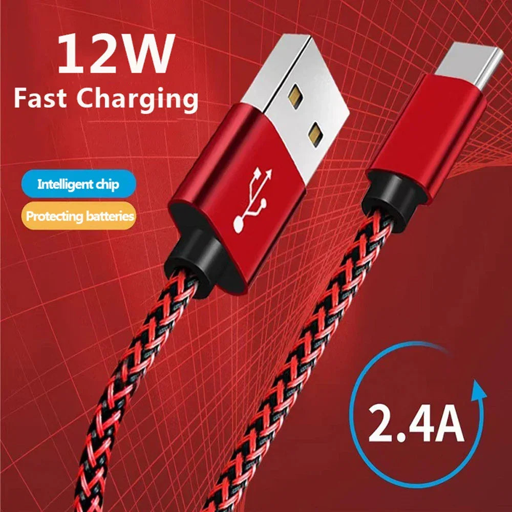 Red braided USB-C charging cable with 12W fast charge, 2.4A output, intelligent chip for battery protection