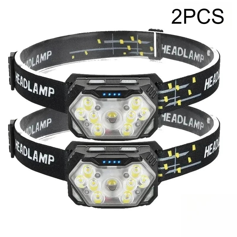 2PCS LED headlamps with adjustable straps, bright multi-LED lighting for outdoor or work use