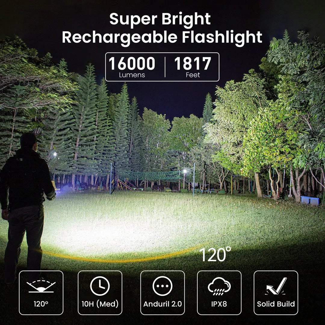 Super bright rechargeable flashlight illuminating night forest, 16000 lumens, 1817 ft beam, IPX8 waterproof, 120° beam angle