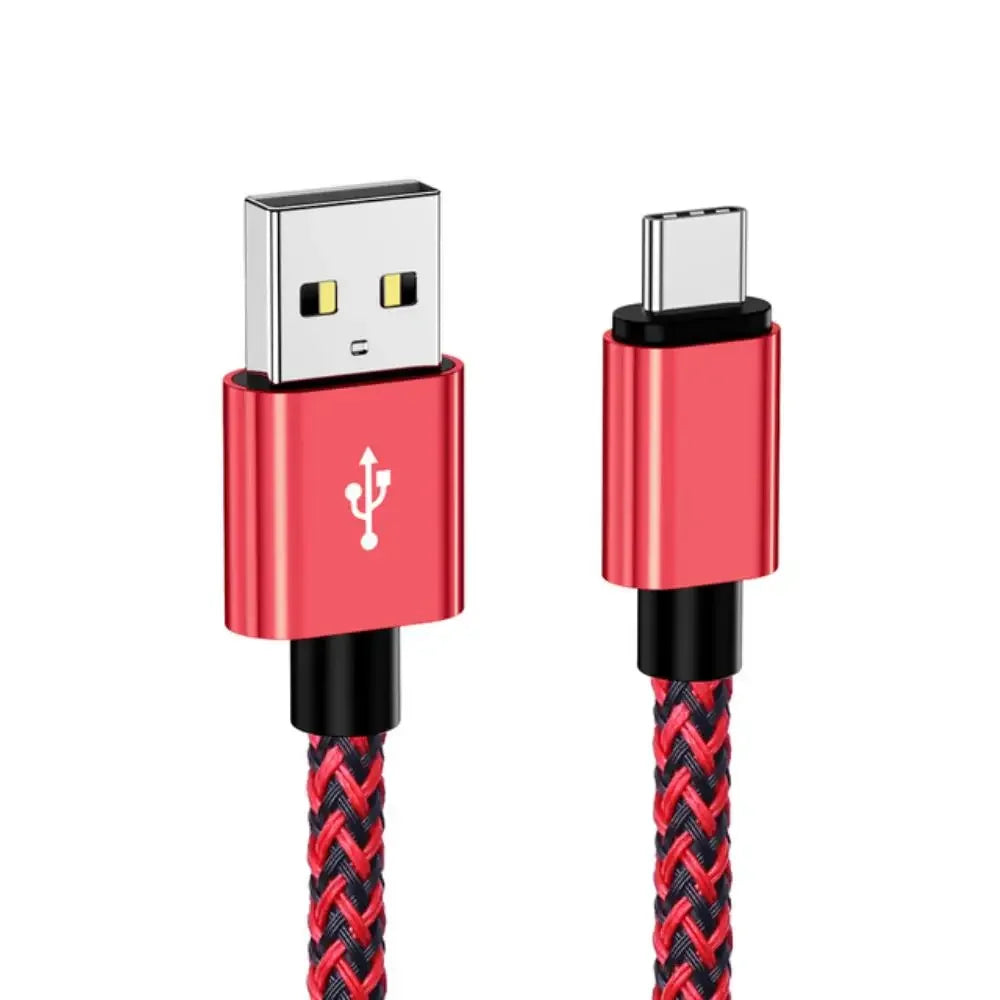 Red and black braided USB to USB-C charging cable for devices on the road