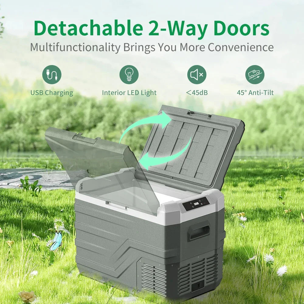 Portable 12V fridge with detachable 2-way doors, USB charging, LED light, quiet <45dB, 45° anti-tilt for outdoor use