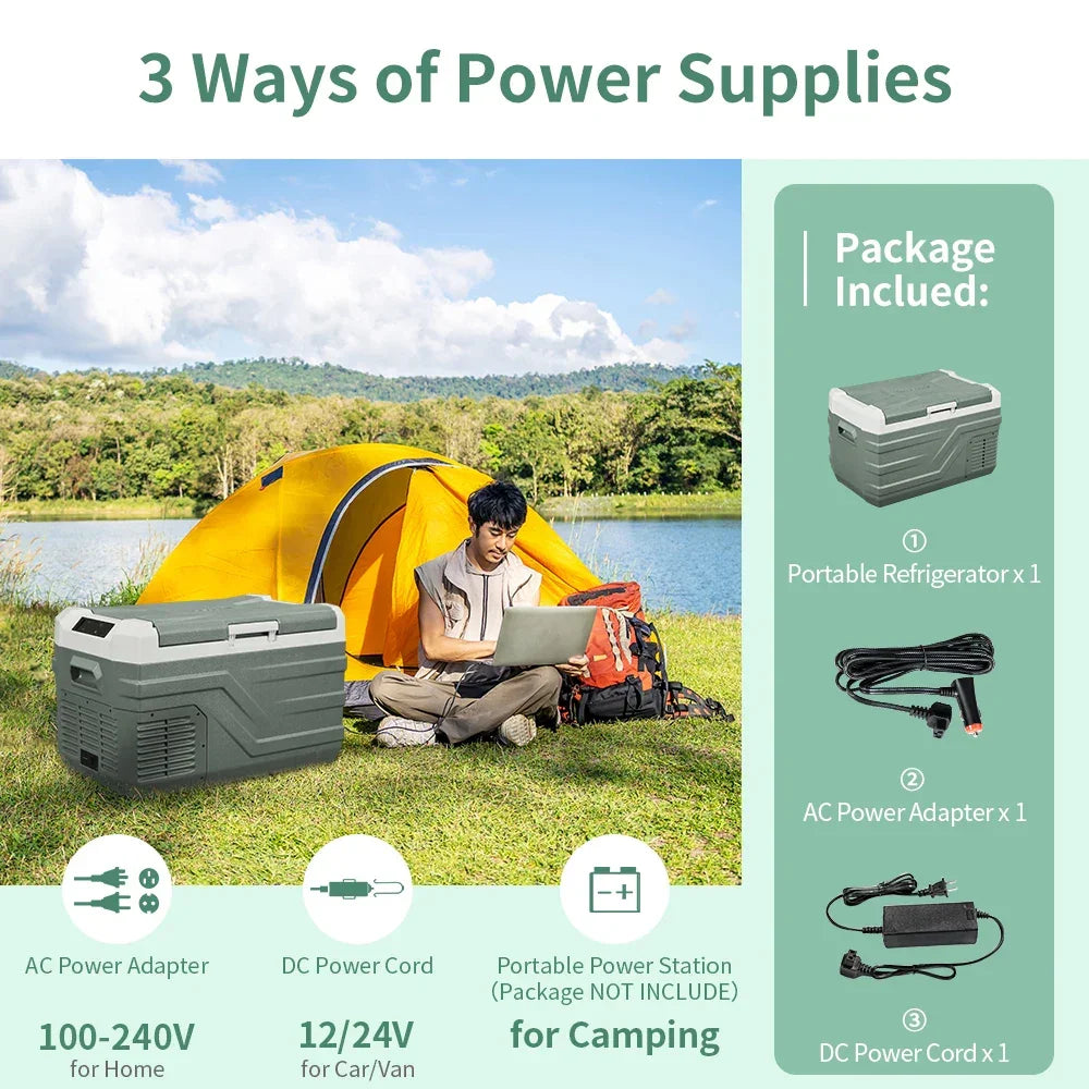 Portable refrigerator for camping with AC/DC power options, used outdoors near tent by lake