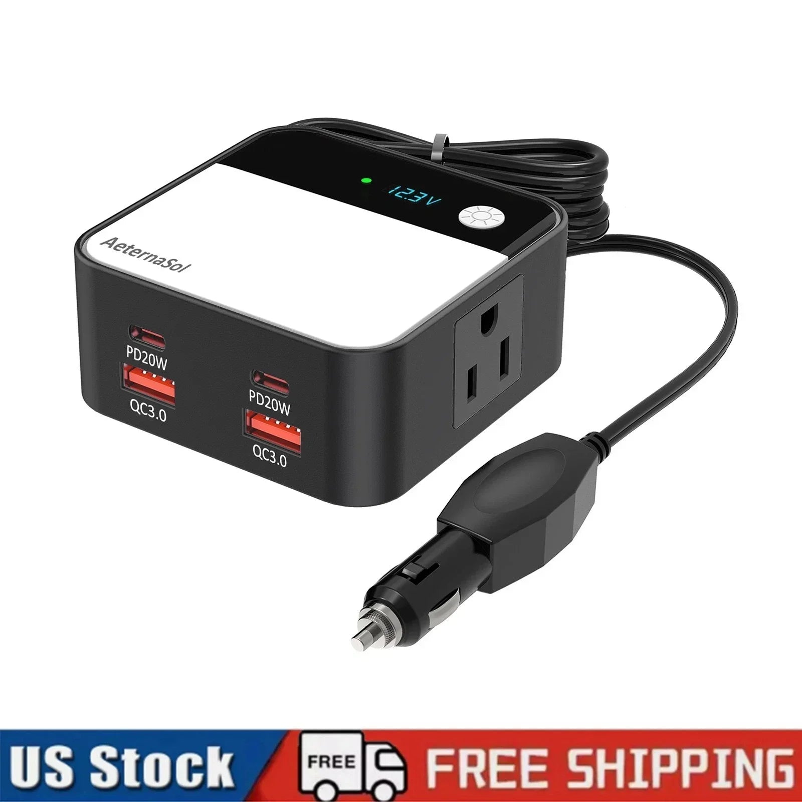AeternaSol car power inverter with USB PD 20W, QC 3.0 ports, and digital voltage display for on-the-road charging