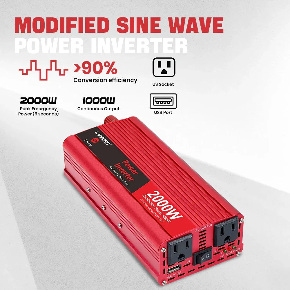 Red 2000W modified sine wave power inverter with USB port and US socket for on-the-road use