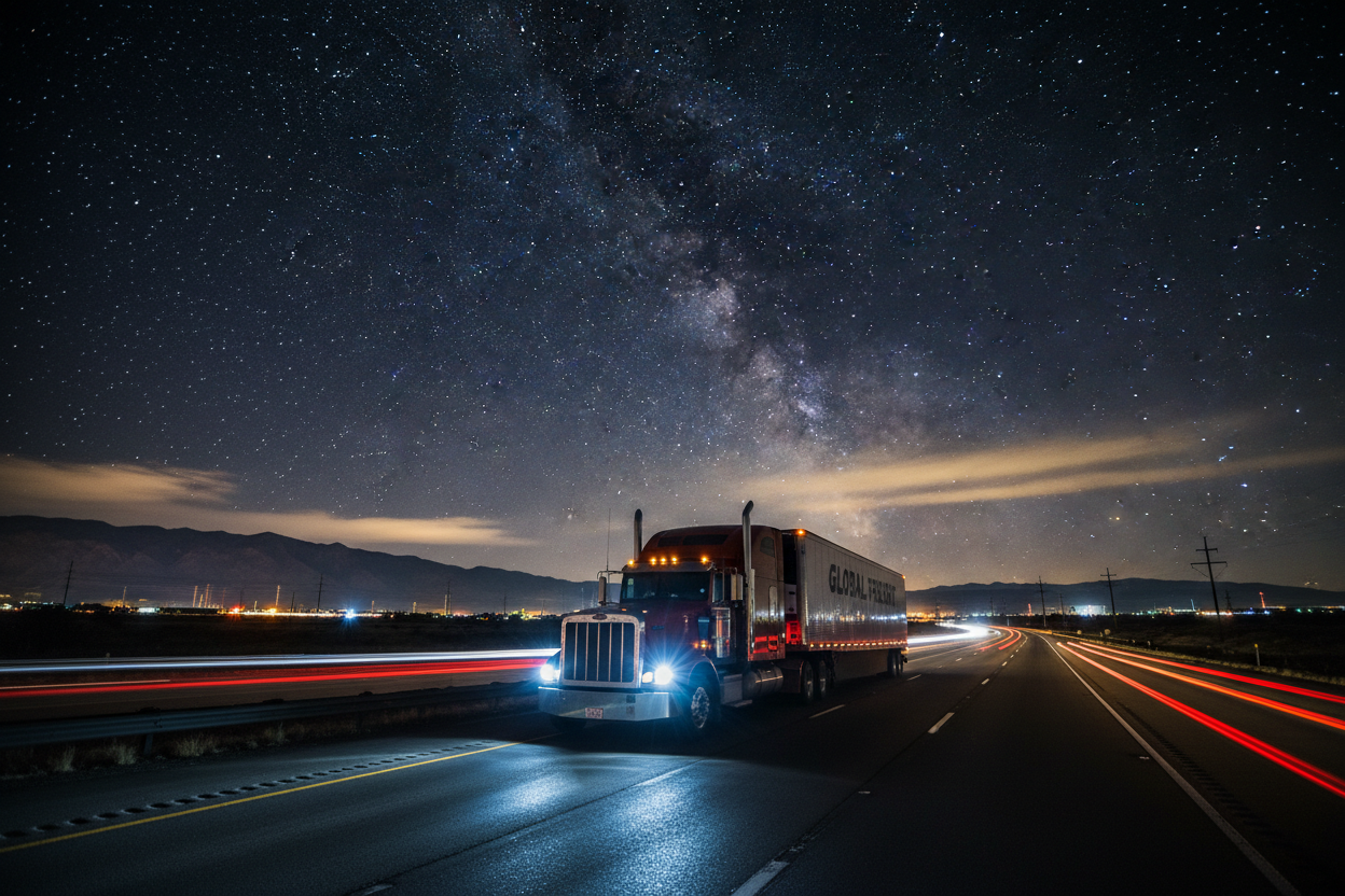 Red semi truck driving under starry night sky on highway, headlights on, long exposure light trails