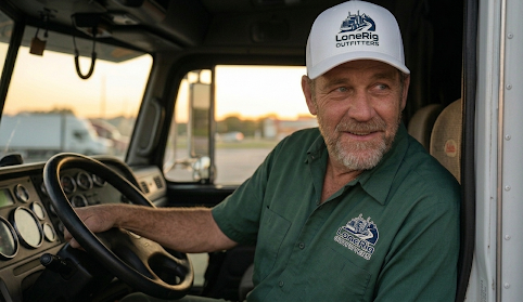 Truck driver wearing LoneRig Outfitters cap and shirt, seated in cab at sunset