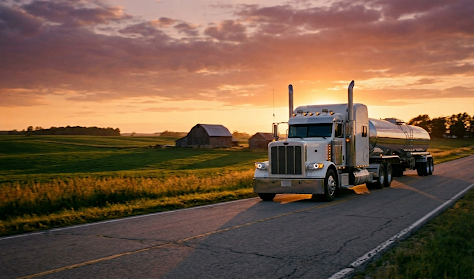 Semi truck hauling tanker on rural highway at sunset, ideal for long-haul drivers needing safety and comfort gear