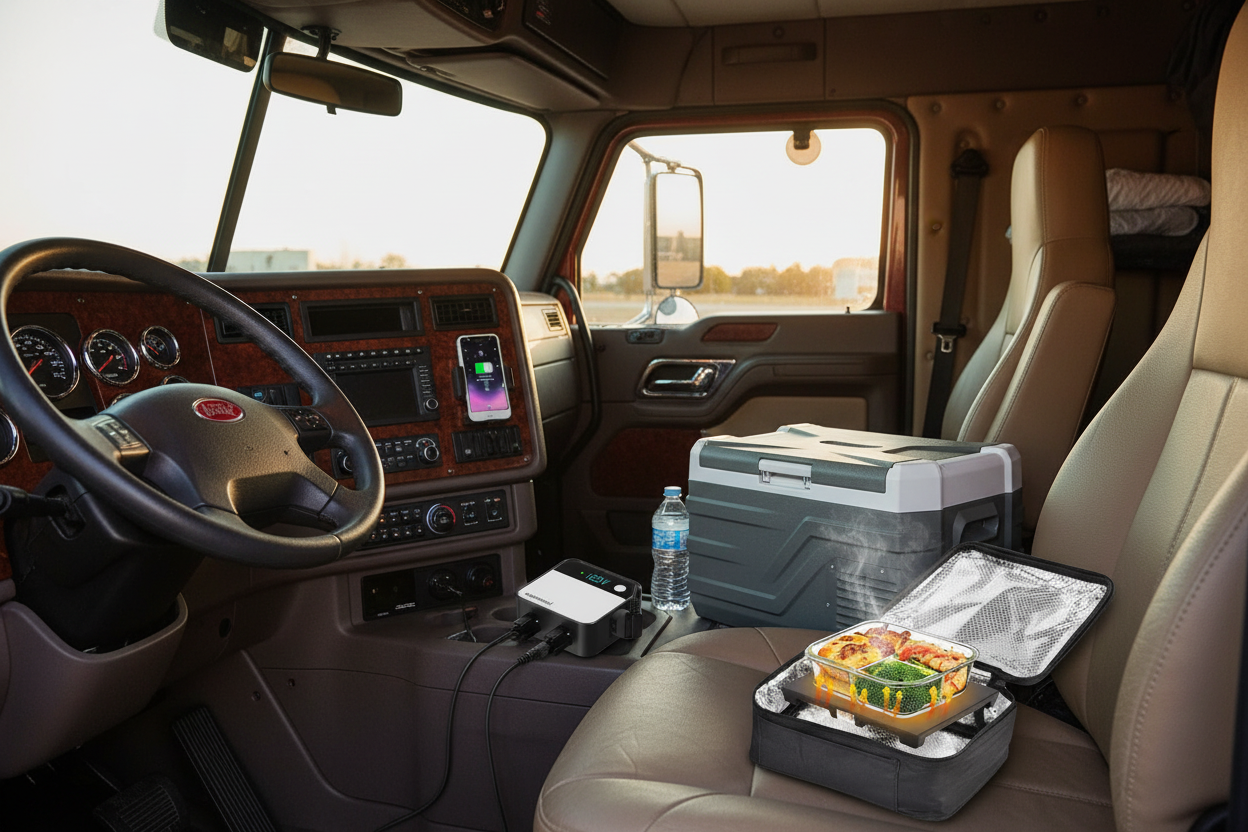 Truck cab interior with portable cooler, heated meal tray, and phone charger for on-the-road comfort and convenience.